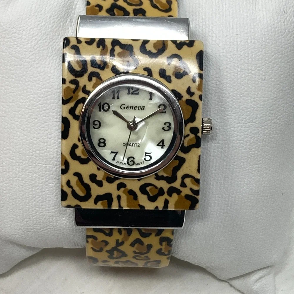 Geneva Womens Watch Leopard Print Silver Tone Cuff MOP New Battery SMALL 5.75